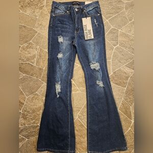 High-Rise Distressed Flare Jeans - Blue